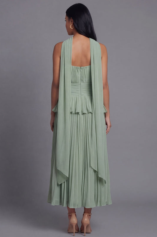 A-Line Dusty Sage Strapless Pleated Ruched Ruffled Midi Dress with Neck Scarf