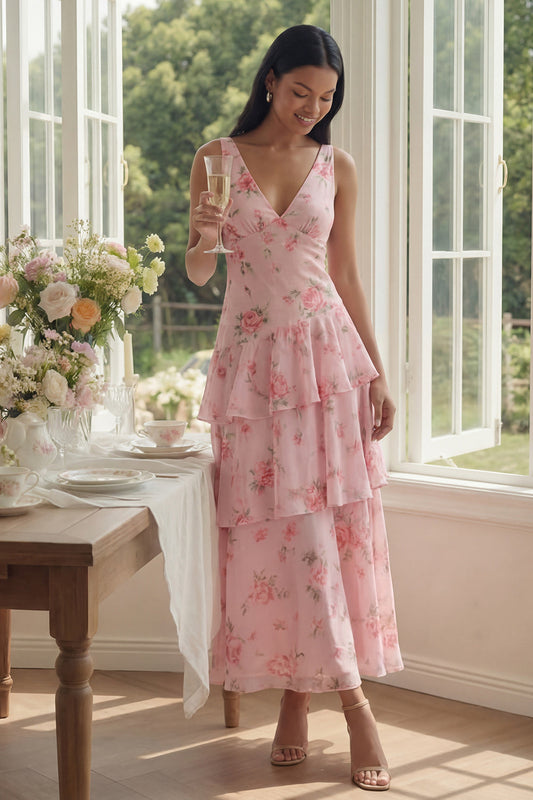 Pink Chiffon V-Neck Tiered Floral Printed Ruffled Long Wedding Guest Dress