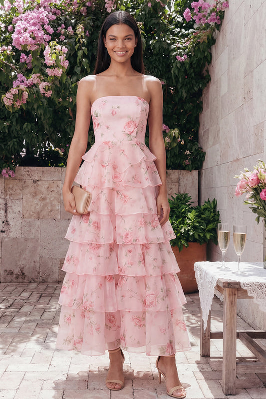 Pink Strapless A-Line Chiffon Tiered Floral Printed Long Wedding Guest Dress