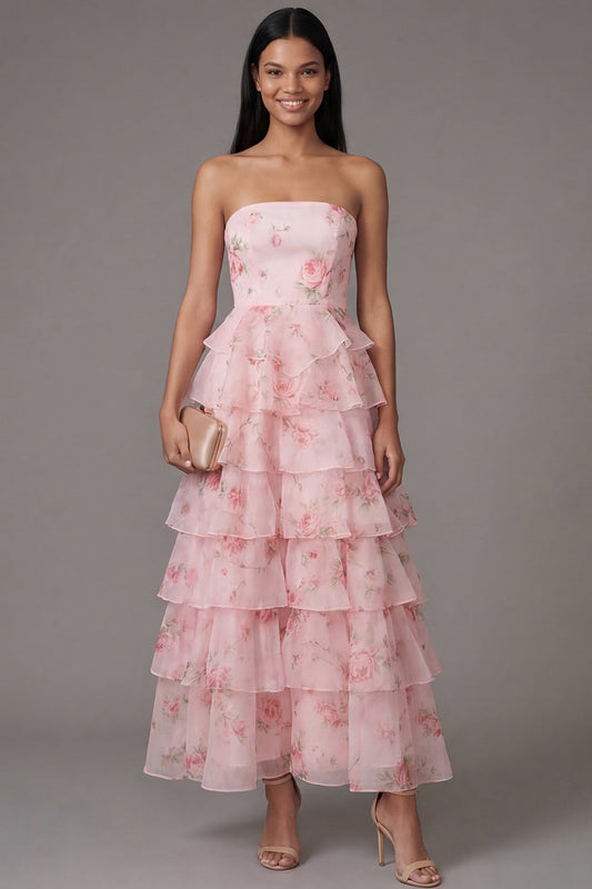 Pink Strapless A-Line Chiffon Tiered Floral Printed Long Wedding Guest Dress