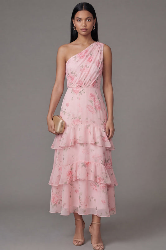 One Shoulder Chiffon Pink Ruched Tiered Floral Printed Long Wedding Guest Dress