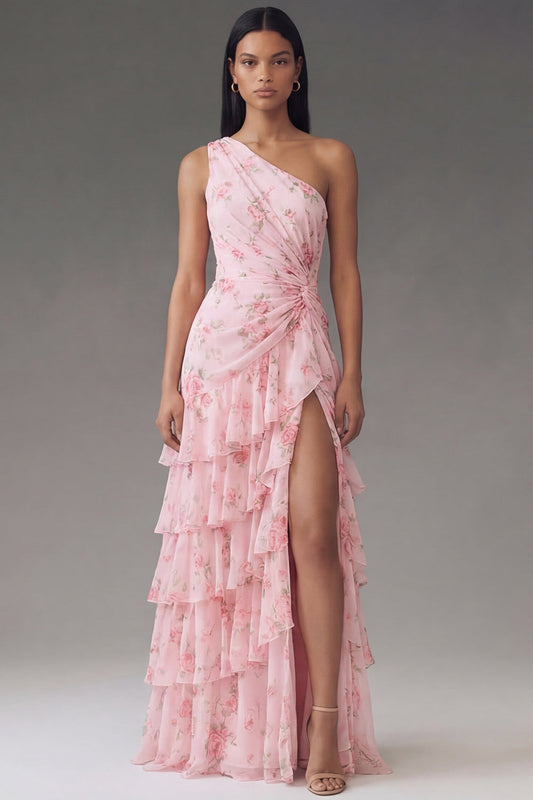 Chiffon One Shoulder Pink Ruched Tiered Floral Printed Long Wedding Guest Dress with Slit