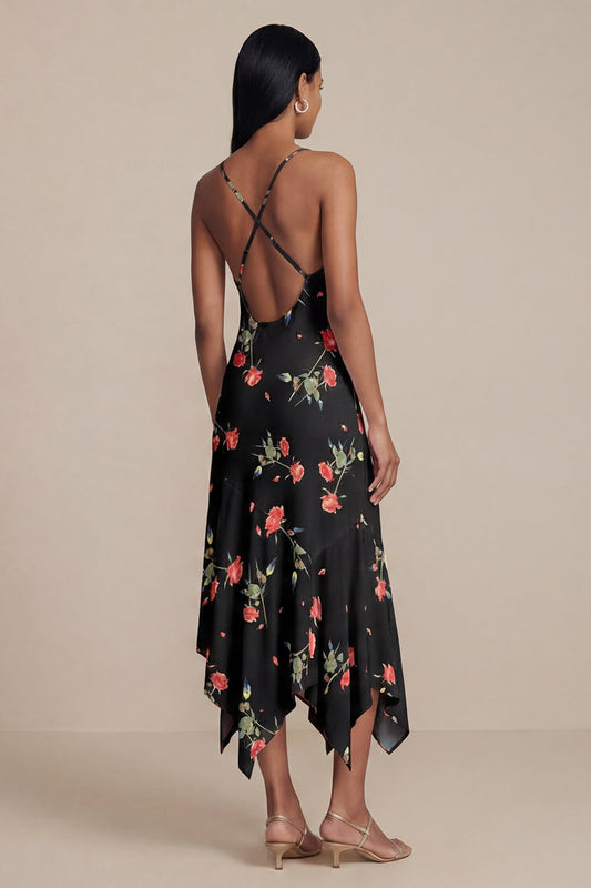 Robe mi-longue évasée en mousseline noire à col en V imprimé floral