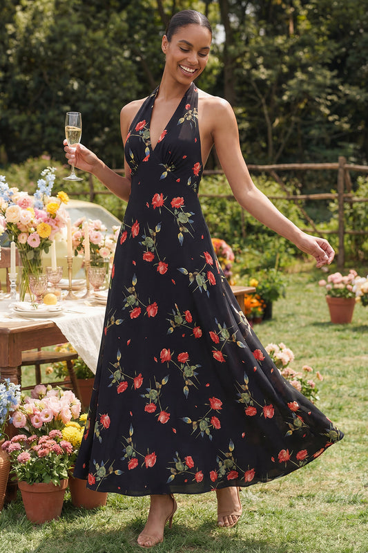 Robe longue de cocktail moulante en mousseline à imprimé floral noir et rouge et encolure dos nu