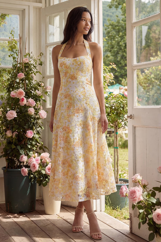 Lace Yellow Halter Neck Sheath Midi Floral with Bow