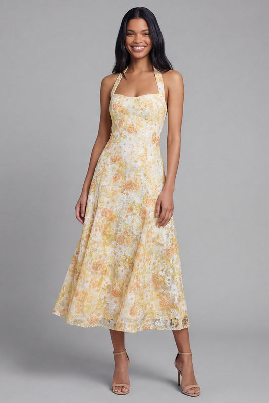 Lace Yellow Halter Neck Sheath Midi Floral with Bow
