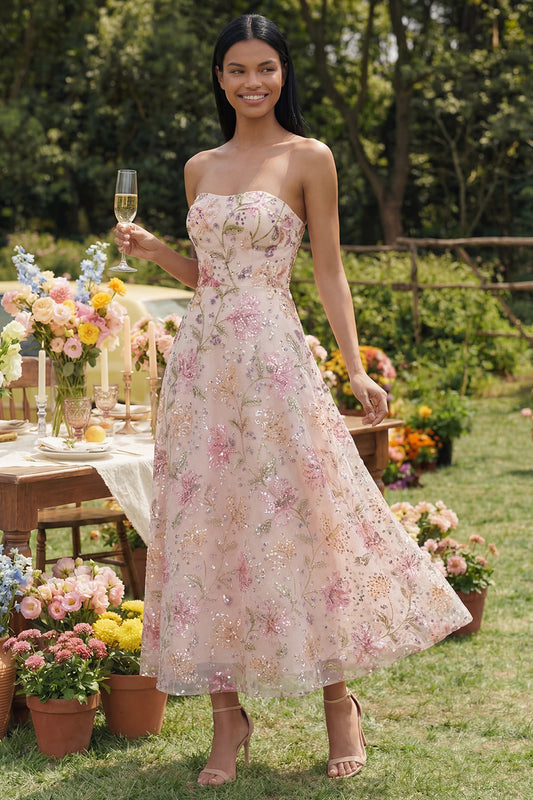 Chiffon Pink Strapless Printed Long Floral Dress with Beading