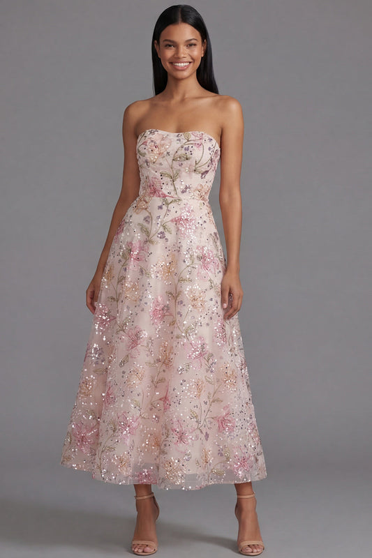 Chiffon Pink Strapless Printed Long Floral Dress with Beading
