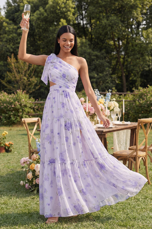 Robe longue évasée à fleurs imprimées en tulle lilas asymétrique avec fente