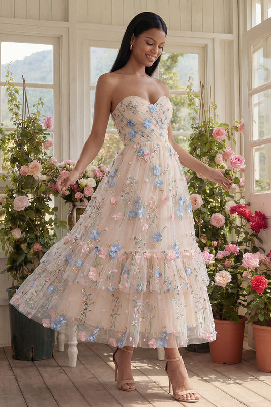Sweetheart Champagne Tulle Appliqued Floral A-Line Midi Dress