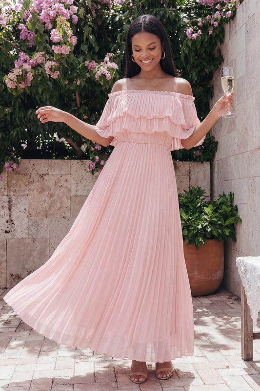 Off the Shoulder Pink Tulle Sheath Pleated Maxi Dress with Ruffles