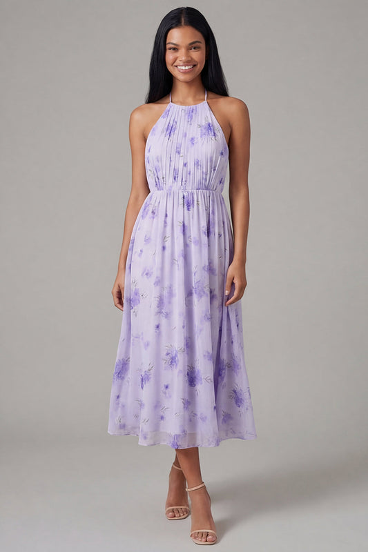Robe midi fourreau en mousseline lilas à col montant froncé avec motif floral et nœud
