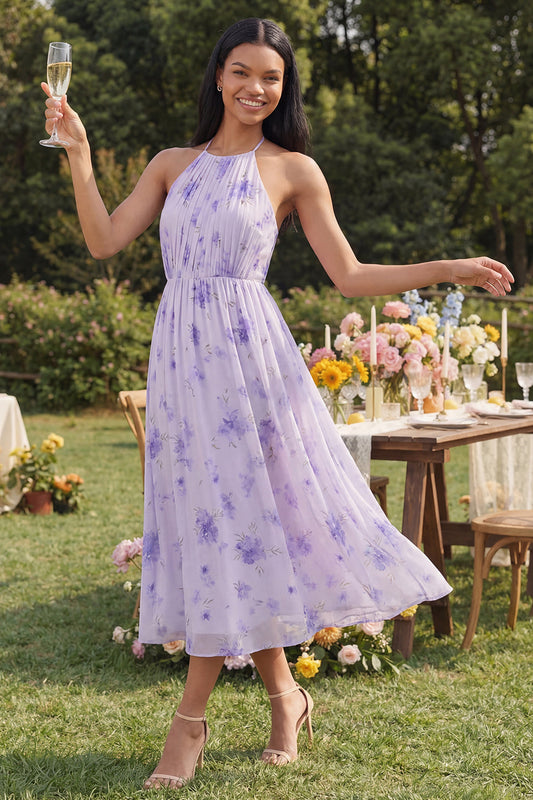 Robe midi fourreau en mousseline lilas à col montant froncé avec motif floral et nœud