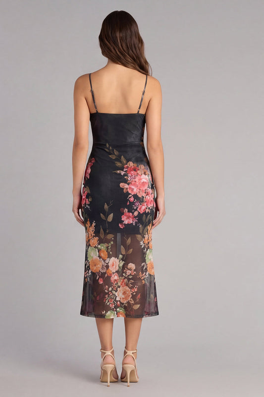 Robe midi moulante noire à imprimé floral, bretelles spaghetti et fronces