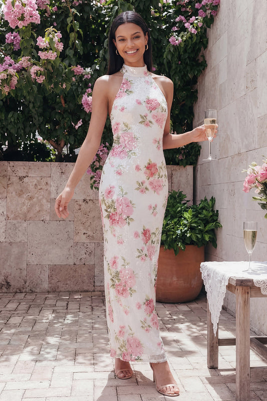 Sparkly White Pink Floral Bodycon Dress with Sequin
