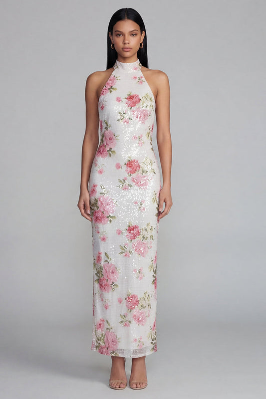 Sparkly White Pink Floral Bodycon Dress with Sequin