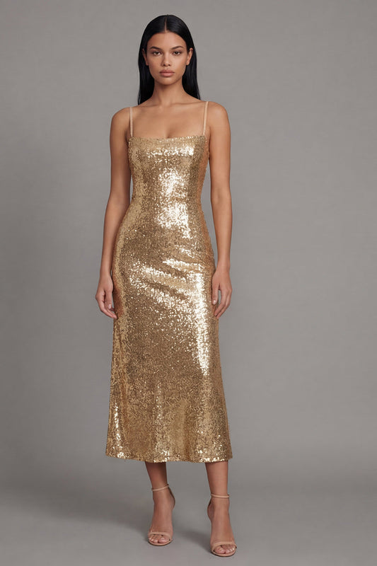 Sparkly Gold Bodycon Spaghetti Strap Sequin Midi Dress