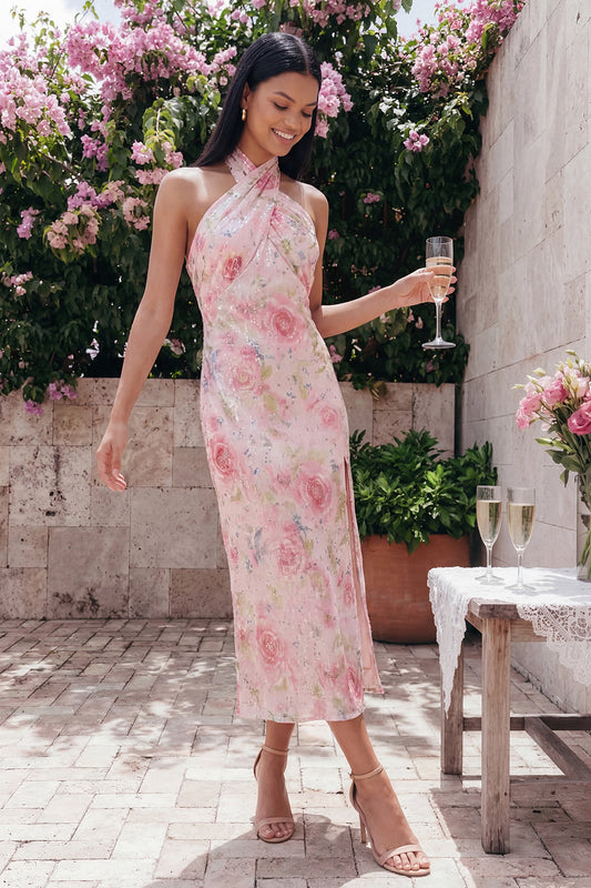Sparkly Pink Tulle Halter Neck Bodycon Midi Floral Dress with Slit