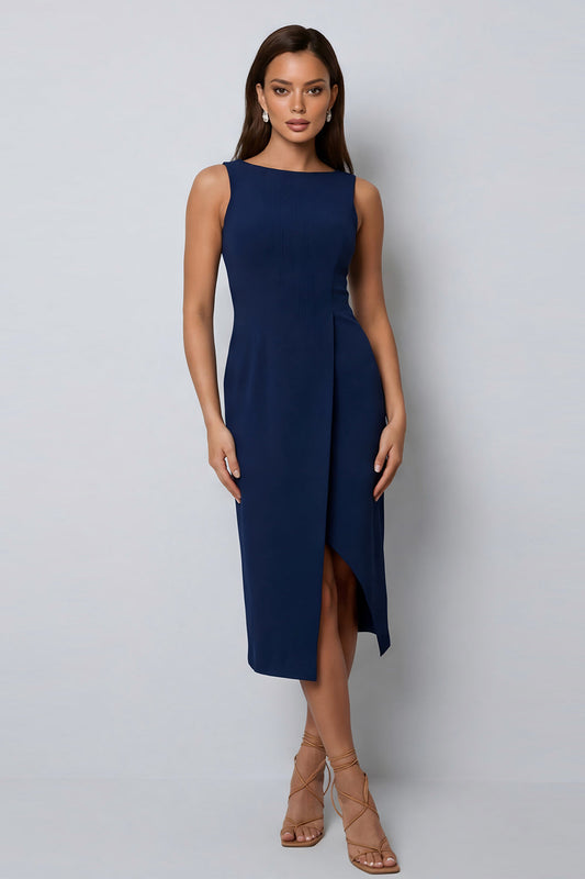 Robe de soirée moulante longue vert foncé avec fente et encolure bateau