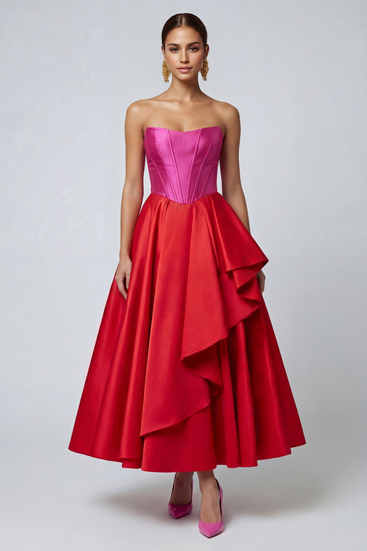 Robe de soirée midi corset sans bretelles fuchsia et rouge avec volants et jupe trapèze