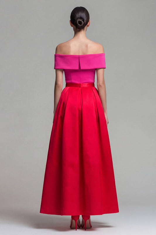 Robe de soirée longue trapèze fuchsia et rouge avec épaules dénudées et poches