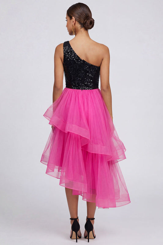 Fuchsia and Black One Shoulder Sequin Ruffled Formal Dress