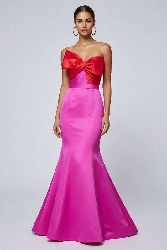 Robe de soirée longue sirène bustier fuchsia et rouge avec nœud