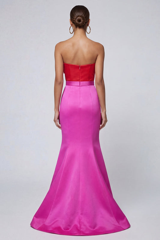 Robe de soirée longue sirène bustier fuchsia et rouge avec nœud