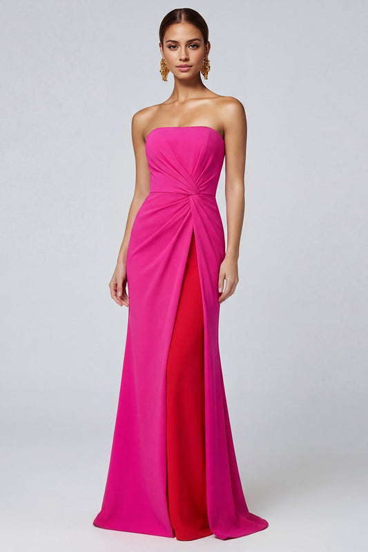 Robe de soirée longue sirène plissée sans bretelles bicolore fuchsia et rouge