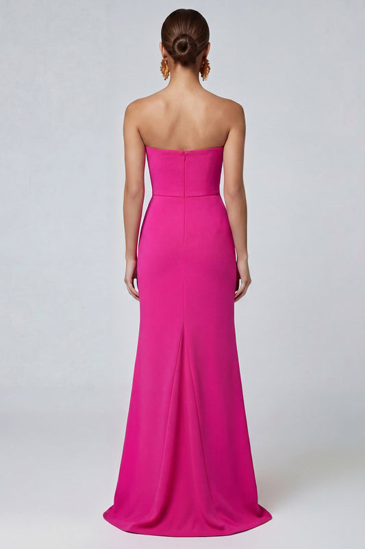 Robe de soirée longue sirène plissée sans bretelles bicolore fuchsia et rouge