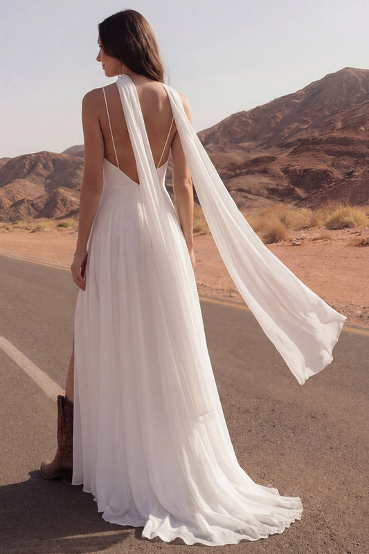 Ivory A-Line Maxi Beach Wedding Dress with Slit and Spaghetti Straps