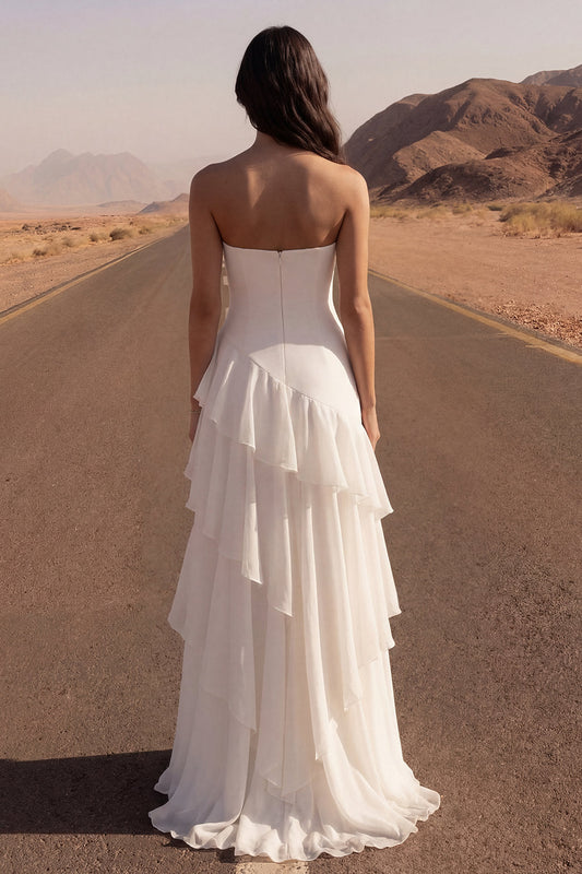 Strapless A-Line Ivory Maxi Beach Wedding Dress with Ruffles