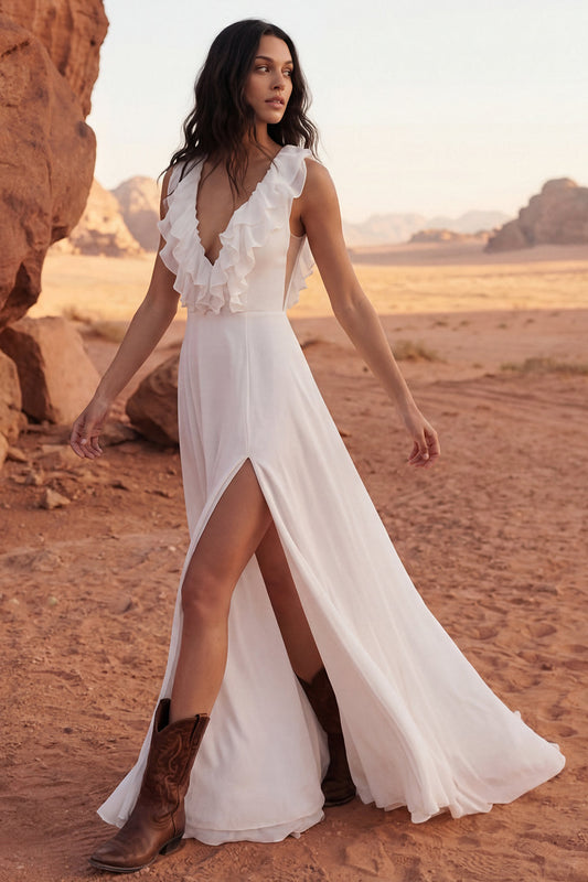 V-Neck A-Line Ivory Maxi Ruffled Beach Wedding Dress with Slit