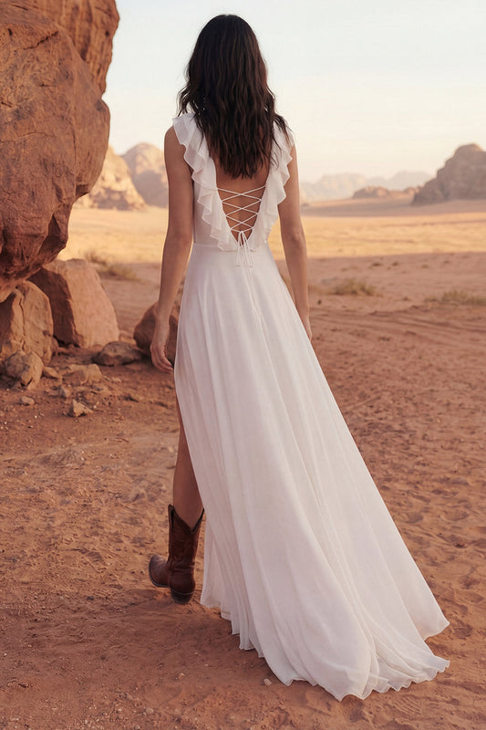 V-Neck A-Line Ivory Maxi Ruffled Beach Wedding Dress with Slit
