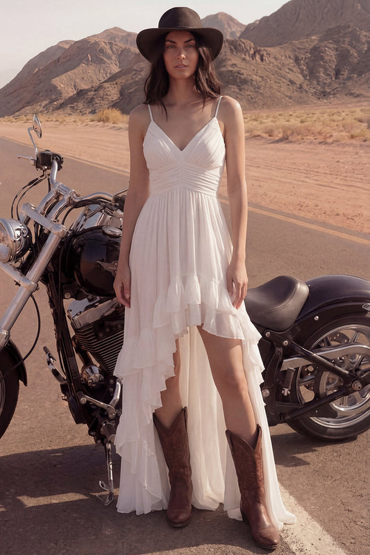 Ivory Spaghetti Straps A-Line High-Low Beach Wedding Dress with Ruffles