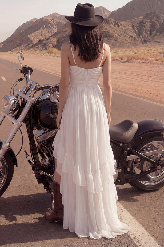 Ivory Spaghetti Straps A-Line High-Low Beach Wedding Dress with Ruffles