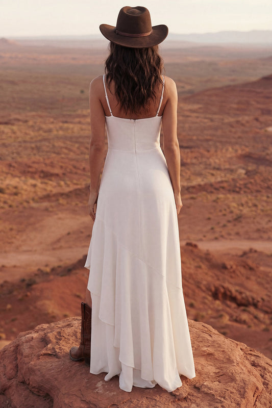 Vestido de novia de playa maxi vaina de tirantes finos color marfil