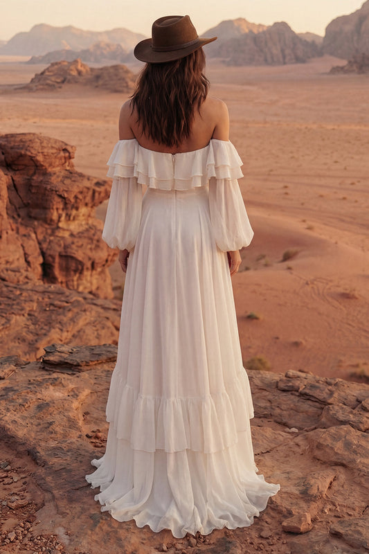 Off The Shoulder Maxi A-Line Ivory Beach Wedding Dress with Ruffles