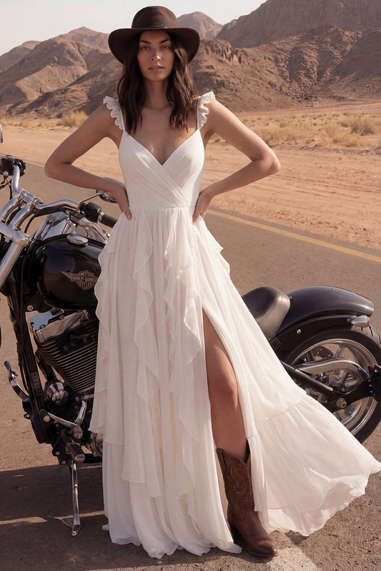 Vestido de novia de playa con cuello en V y volantes, corte A, color marfil