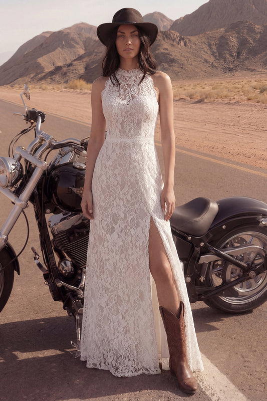 Robe de mariée longue bohème à col haut en dentelle ivoire, coupe trapèze, avec fente