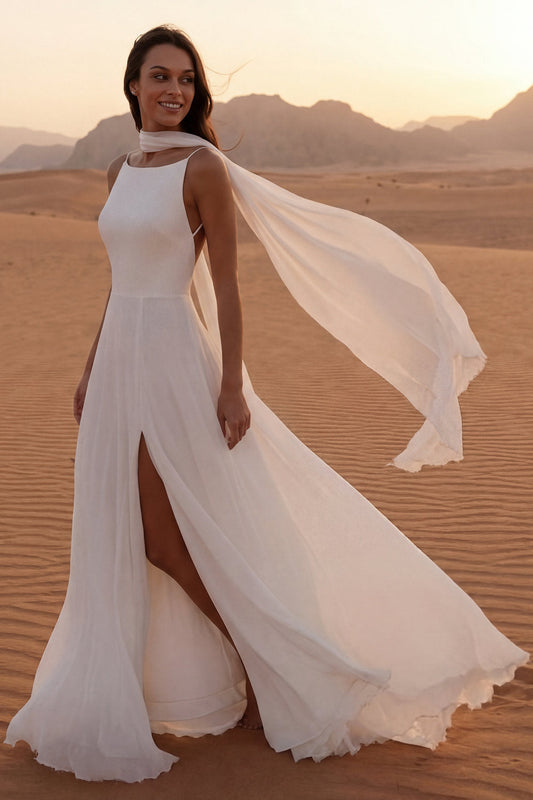 Robe de mariée longue bohème ligne A en ivoire à fines bretelles avec écharpe
