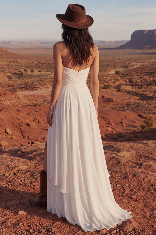 Simple Ivory Strapless A-Line Long Beach Wedding Dress with Slit