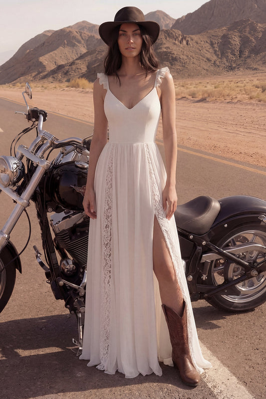 Ivory V-Neck A-Line Lace Beach Long Wedding Dress with Slit