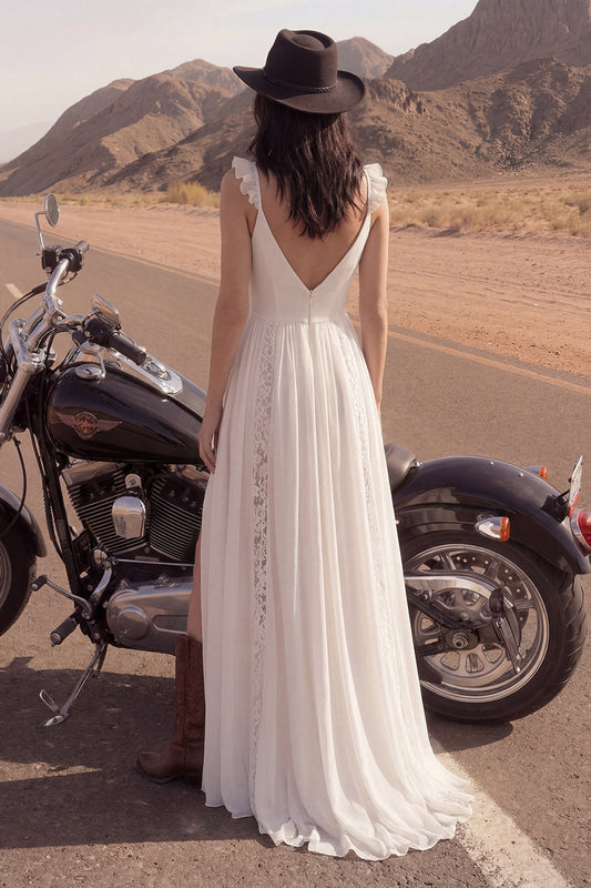 Ivory V-Neck A-Line Lace Beach Long Wedding Dress with Slit