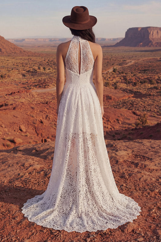 Vestido de novia boho de encaje de corte A asimétrico floral color marfil