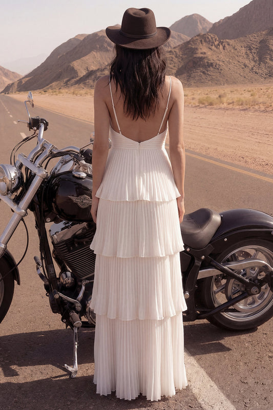 Ivory A-Line Spaghetti Straps Long Pleated Beach Wedding Dress with Ruffles