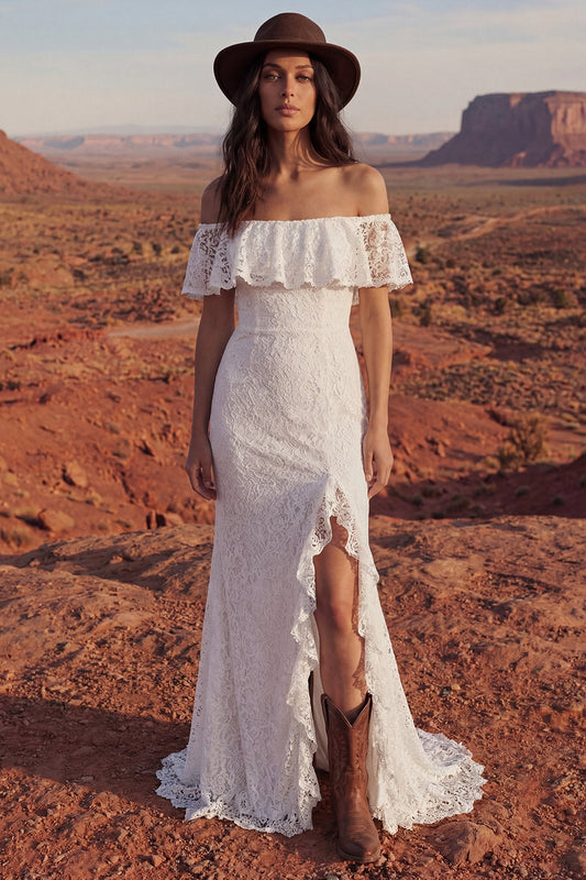 Vestido de novia largo bohemio sirena color marfil floral con volantes