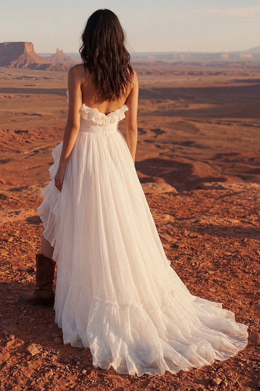 Ivory Strapless A-Line Maxi Beach Wedding Dress with Ruffles