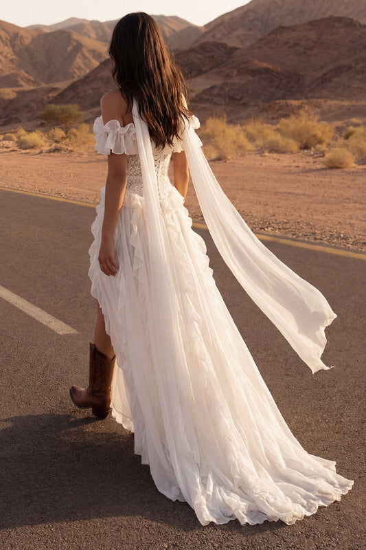 Floral Ivory A-Line Maxi Beach Wedding Dress with Ruffles