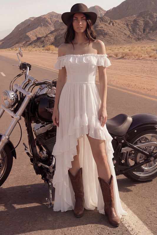 Ivory Ruffled A-Line High-Low Beach Wedding Dress